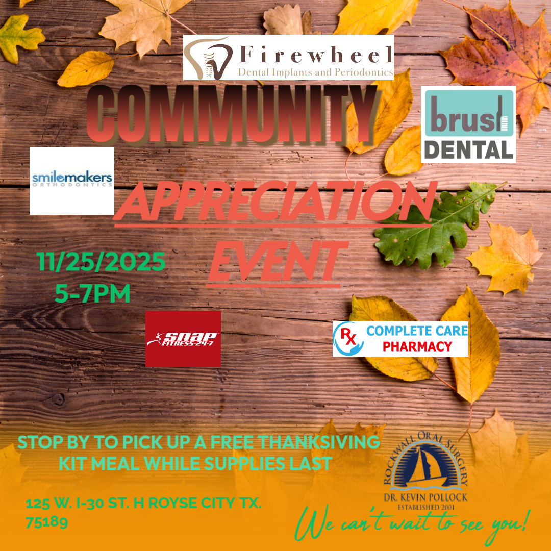 Autumn-themed poster for a Community Appreciation Event on 11/25/2025, 5-7 PM. Hosted by Firewheel Dental and others, offering free Thanksgiving meal kits